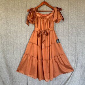 Lulus Charming Adoration Brown Off The Shoulder Bow Tiered Midi Dress Size XL